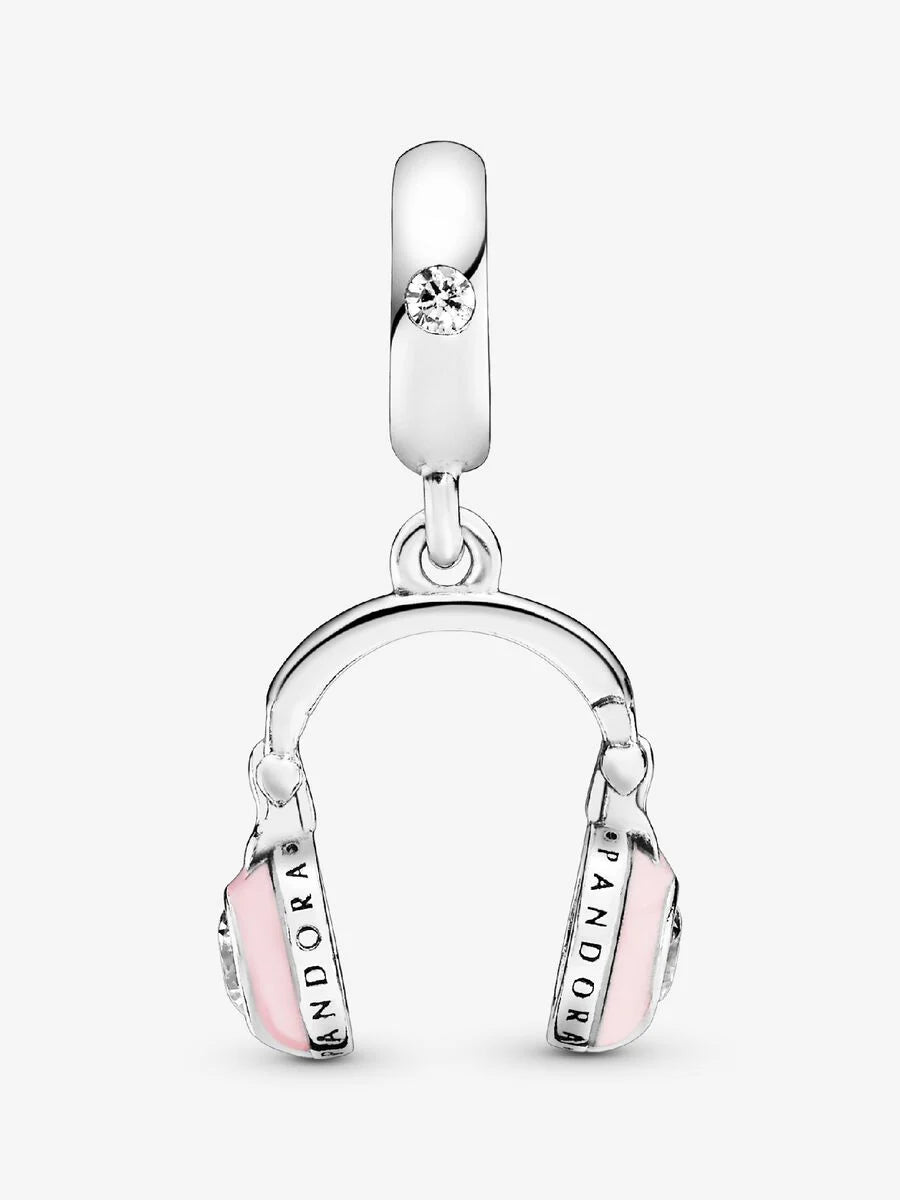 Headphones silver dangle with clear cubic zirconia and pink enamel