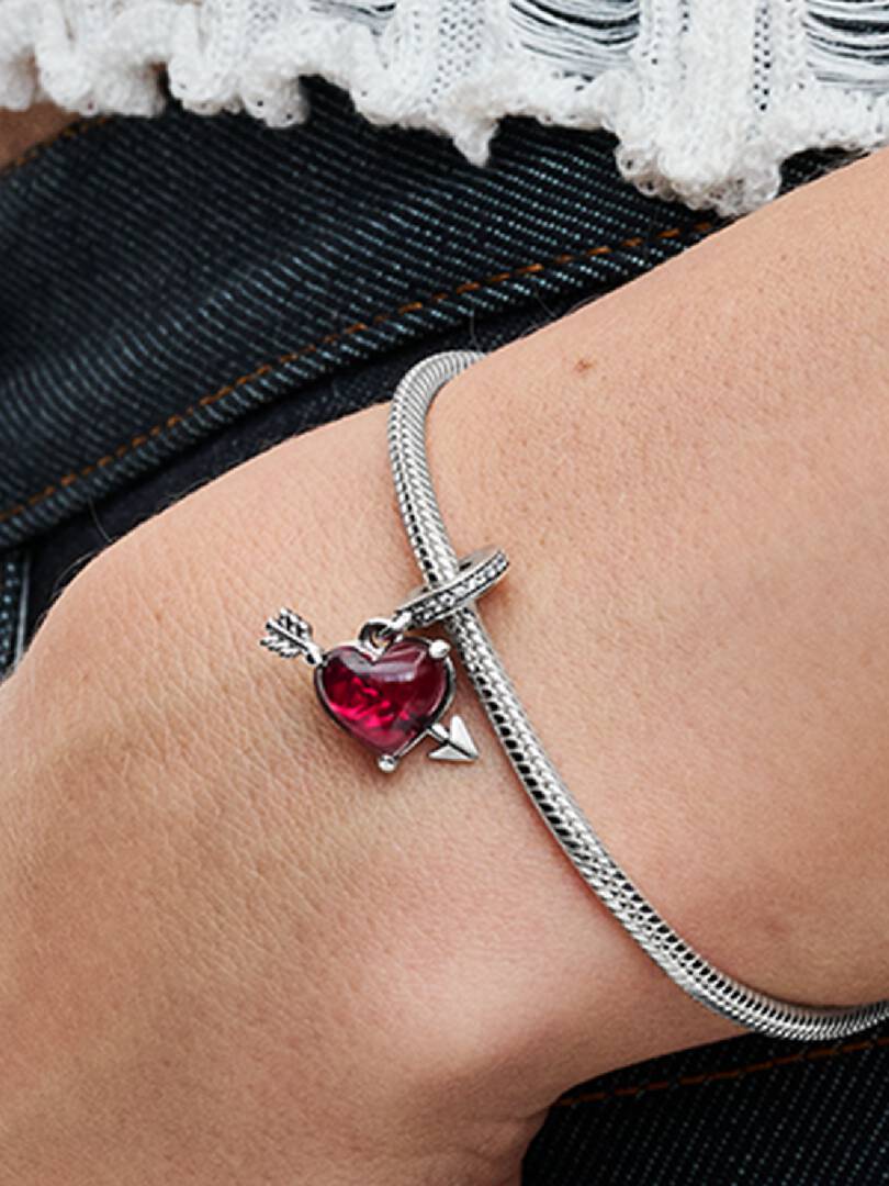 Red Heart & Arrow Murano Glass Dangle Charm