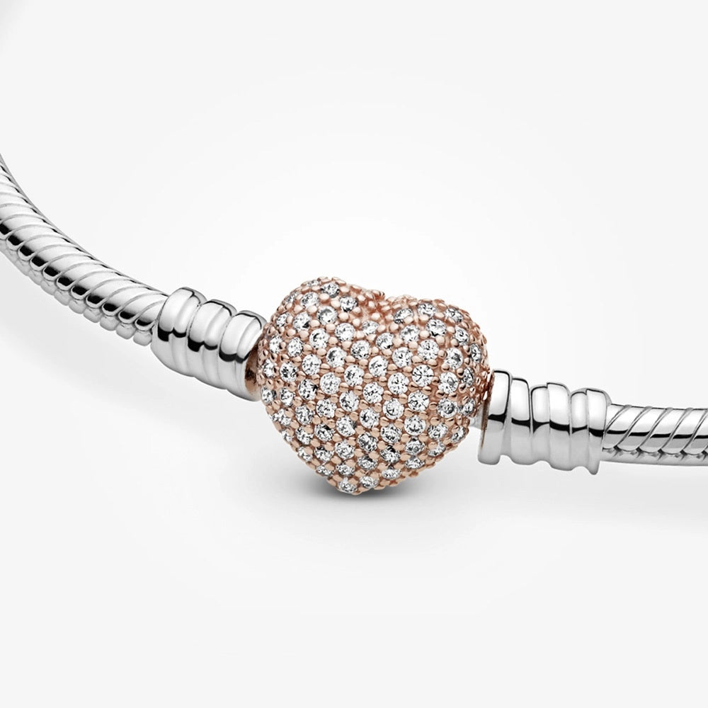Pandora Moments 14K Rose Gold Plated Pavé Heart Clasp Snake Chain Bracelet
