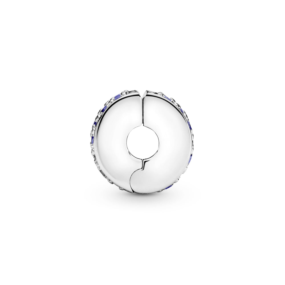 Silver clip with Swiss blue crystal, clear cubic zirconia, royal blue crystal and silicone grip
