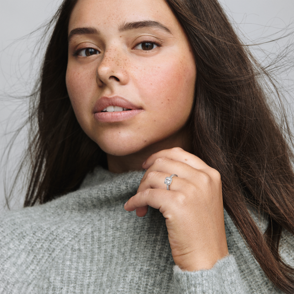 Square silver ring with clear cubic zirconia