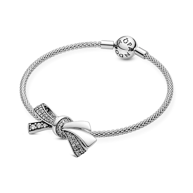 Bow silver charm with clear cubic zirconia