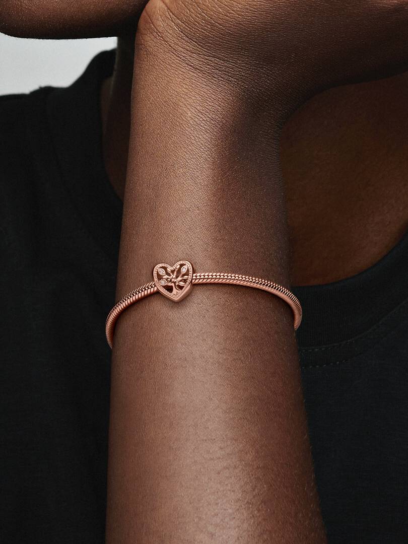 Family tree heart 14k rose gold-plated charm with clear cubic zirconia