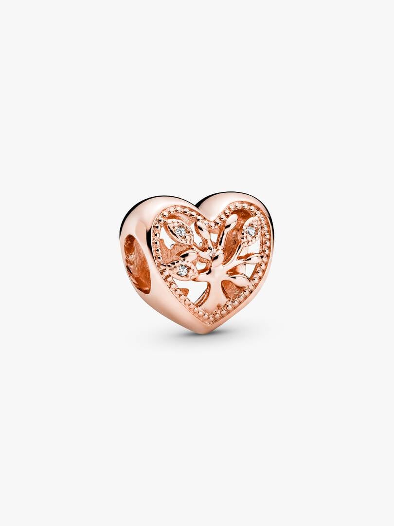 Family tree heart 14k rose gold-plated charm with clear cubic zirconia