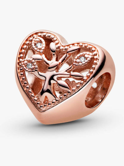 Family tree heart 14k rose gold-plated charm with clear cubic zirconia