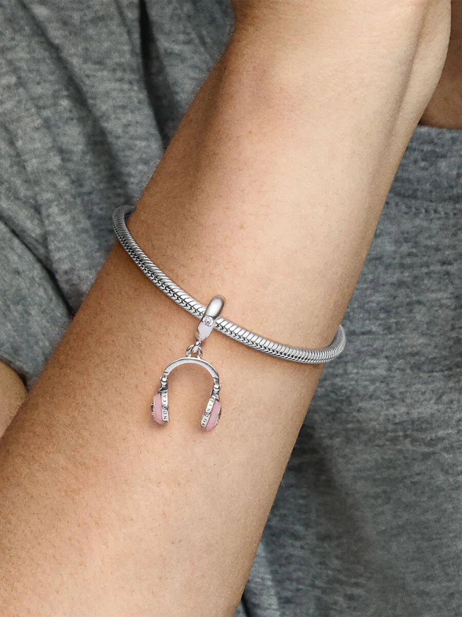 Headphones silver dangle with clear cubic zirconia and pink enamel