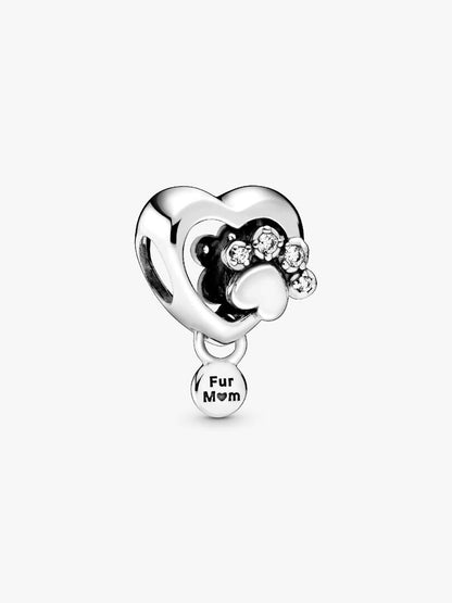 Paw heart sterling silver charm with clear cubic zirconia
