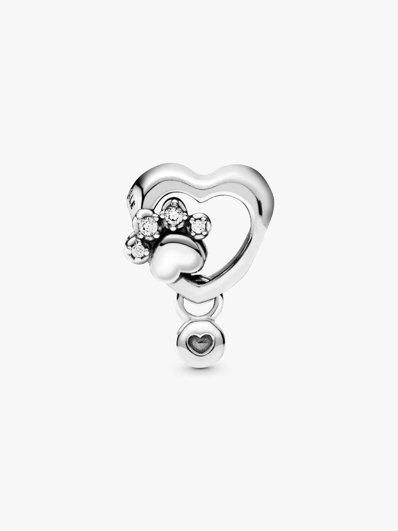 Paw heart sterling silver charm with clear cubic zirconia