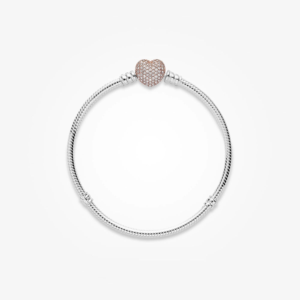 Pandora Moments 14K Rose Gold Plated Pavé Heart Clasp Snake Chain Bracelet