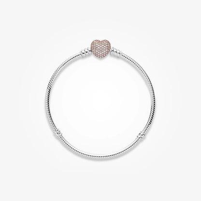 Pandora Moments 14K Rose Gold Plated Pavé Heart Clasp Snake Chain Bracelet