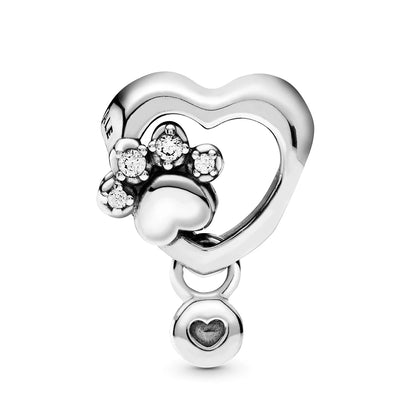 Paw heart sterling silver charm with clear cubic zirconia