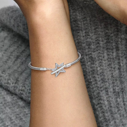 Snake chain sterling silver star toggle bracelet with clear cubic zirconia