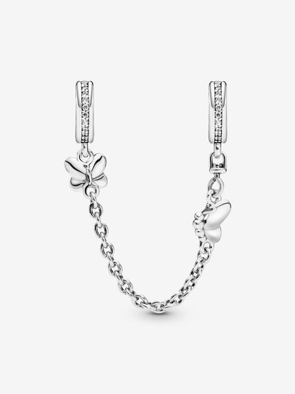 Butterfly silver safety chain with clear cubic zirconia