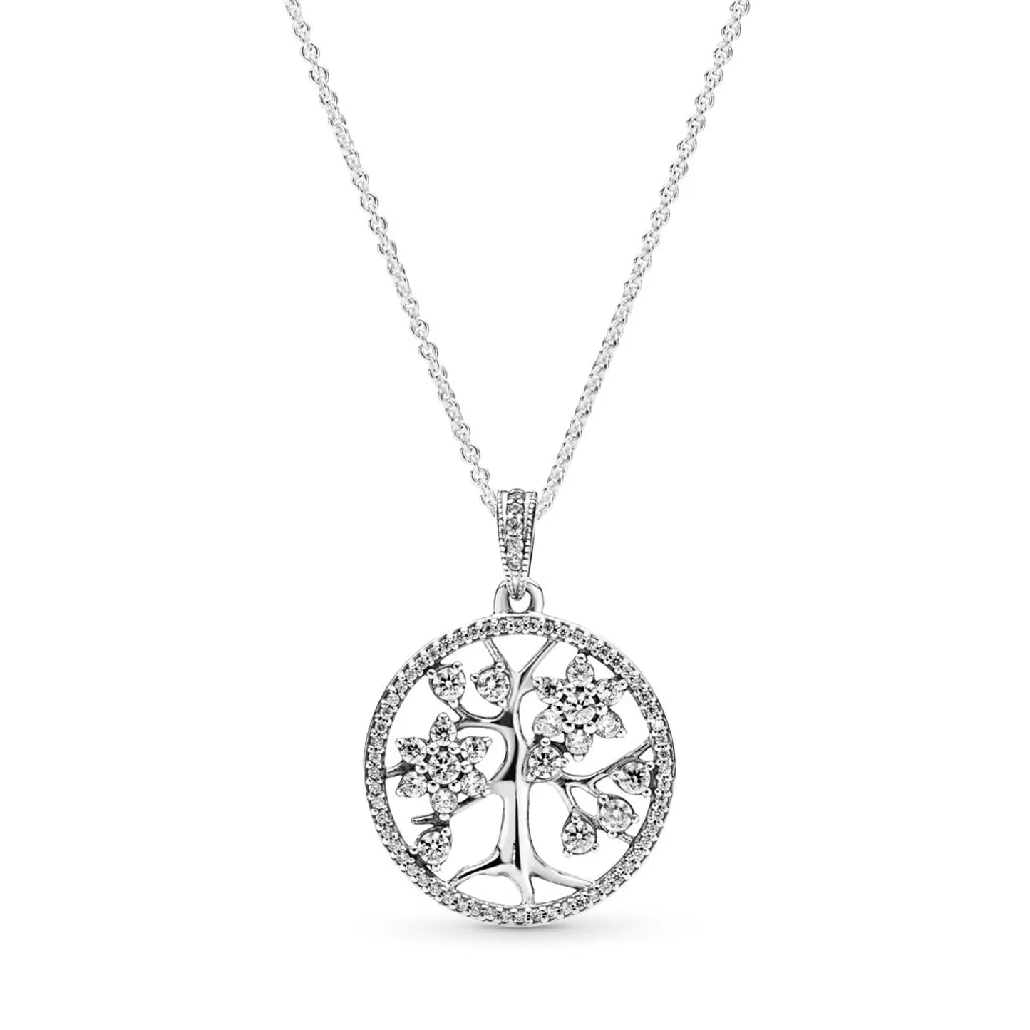 Family tree silver pendant with clear cubic zirconia and necklace