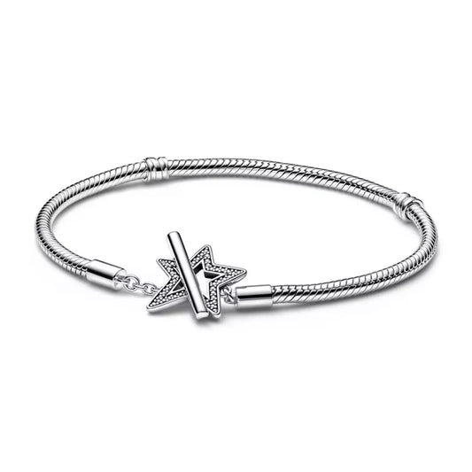 Snake chain sterling silver star toggle bracelet with clear cubic zirconia