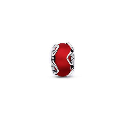 Frosted Red Murano Glass & Hearts Charm
