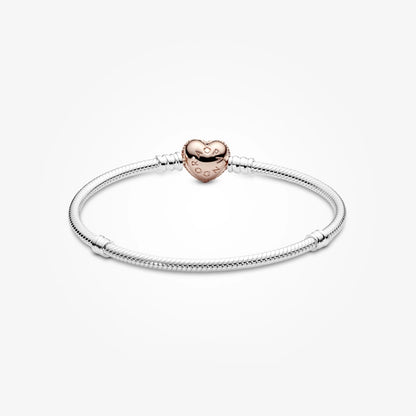 Pandora Moments 14K Rose Gold Plated Pavé Heart Clasp Snake Chain Bracelet