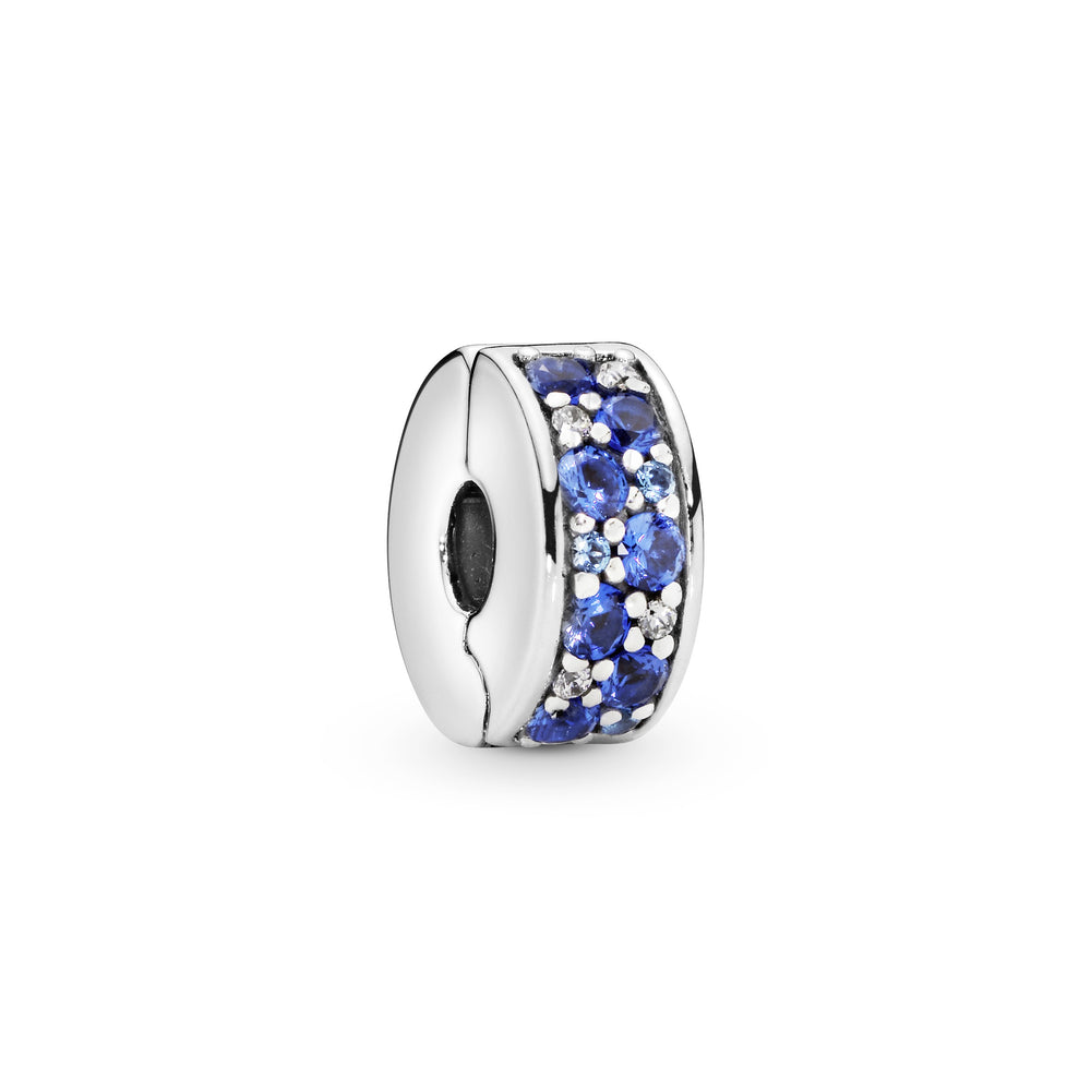 Silver clip with Swiss blue crystal, clear cubic zirconia, royal blue crystal and silicone grip