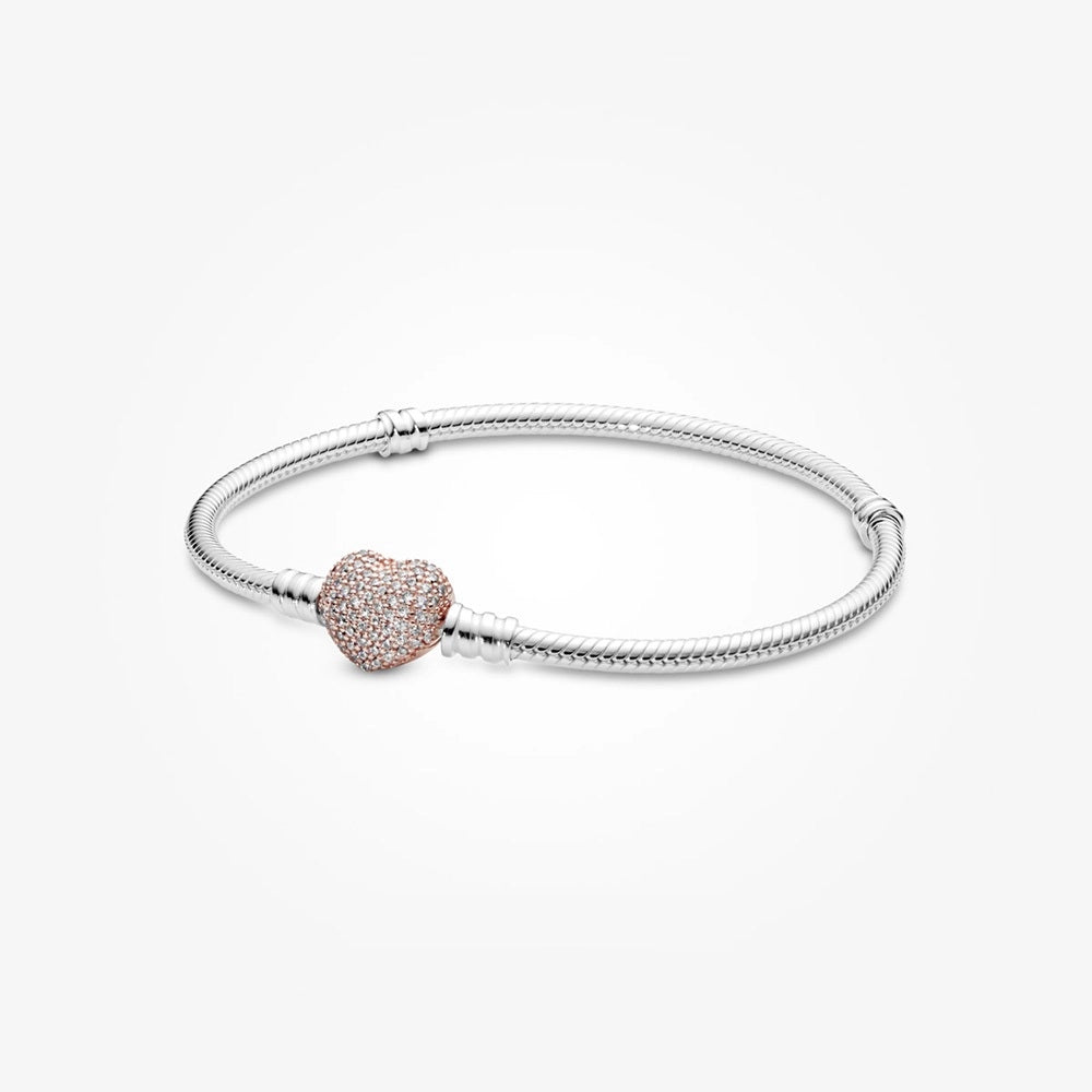 Pandora Moments 14K Rose Gold Plated Pavé Heart Clasp Snake Chain Bracelet