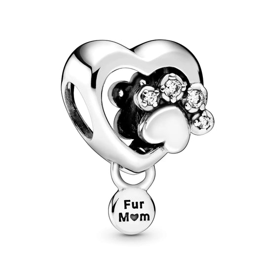 Paw heart sterling silver charm with clear cubic zirconia