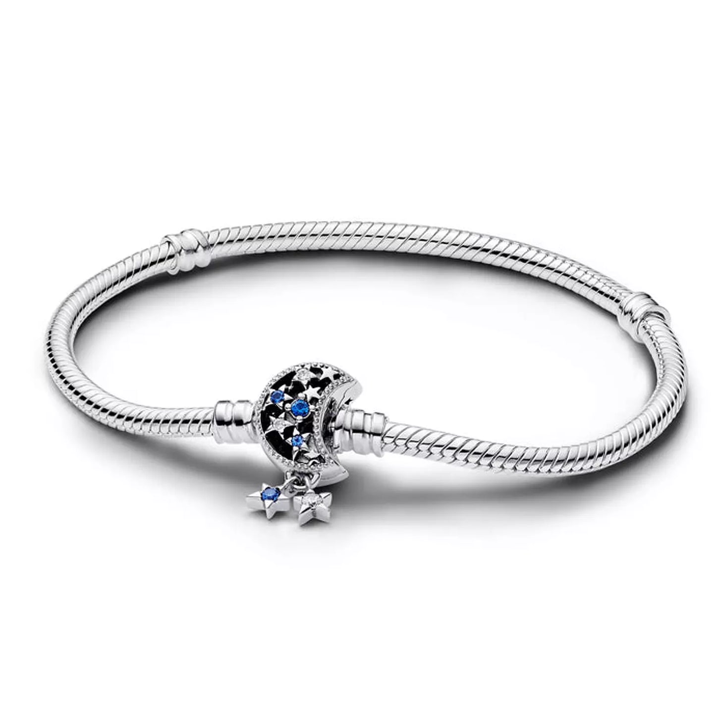 Snake chain bracelet with moon clasp with stellar blue crystal