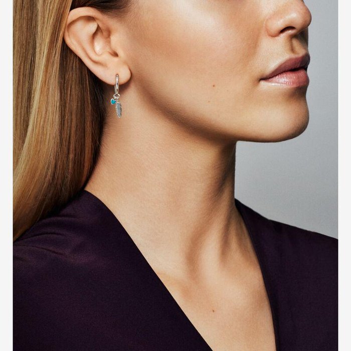 Earrings Hoop earrings Feather and turquoise hearts