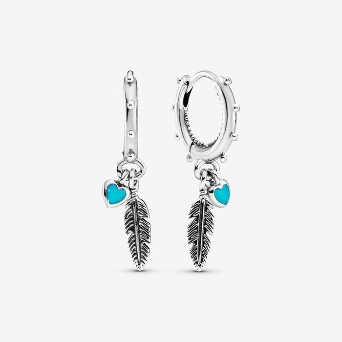 Earrings Hoop earrings Feather and turquoise hearts